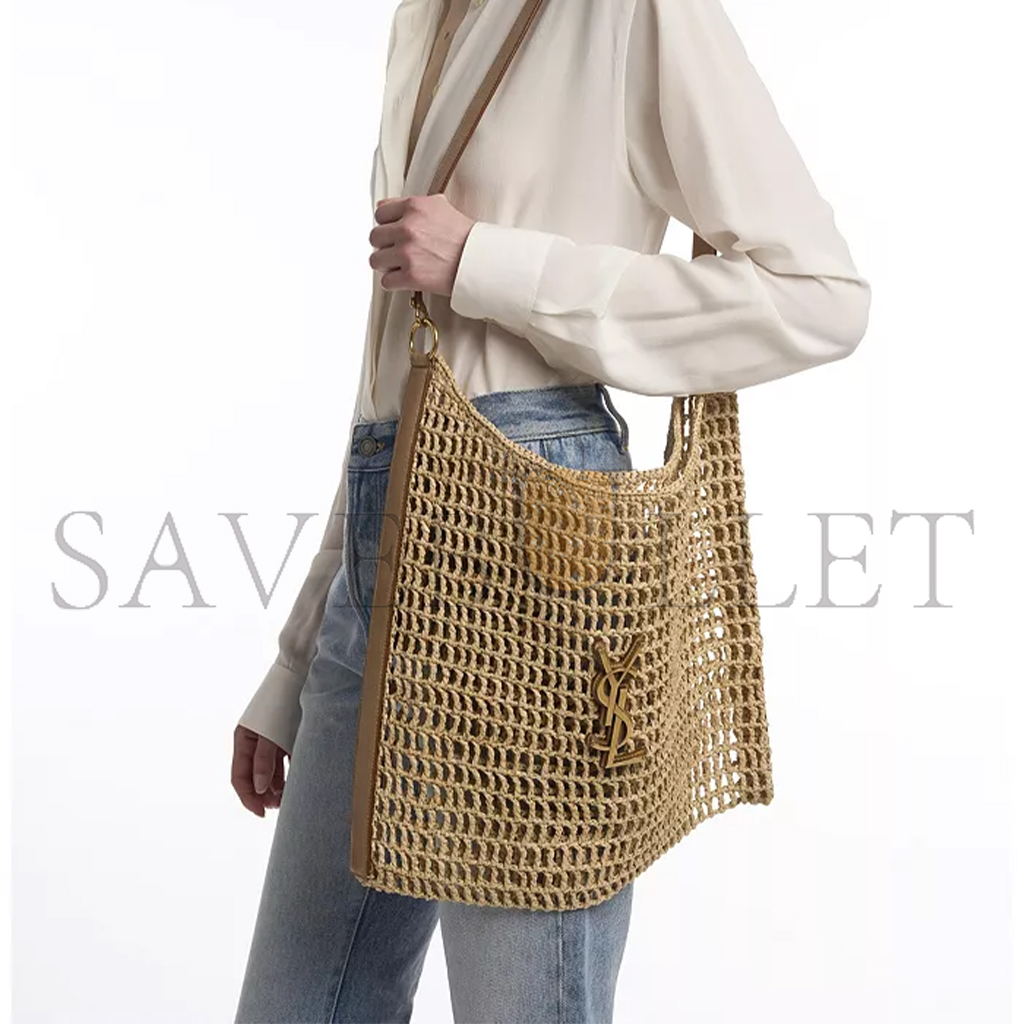 YSL OXALIS RAFFIA CROCHET AND VEGETABLE-TANNED LEATHER HANDBAG 773984GAAEB9718 (46*38*3cm)